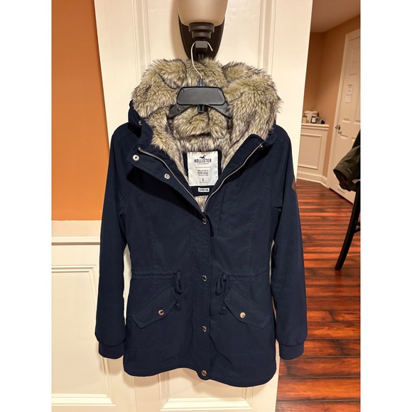 Hollister Faux Fur Trim Hooded Utility navy Parka Coat Jacket Womens Small Blue - Picture 1 of 9